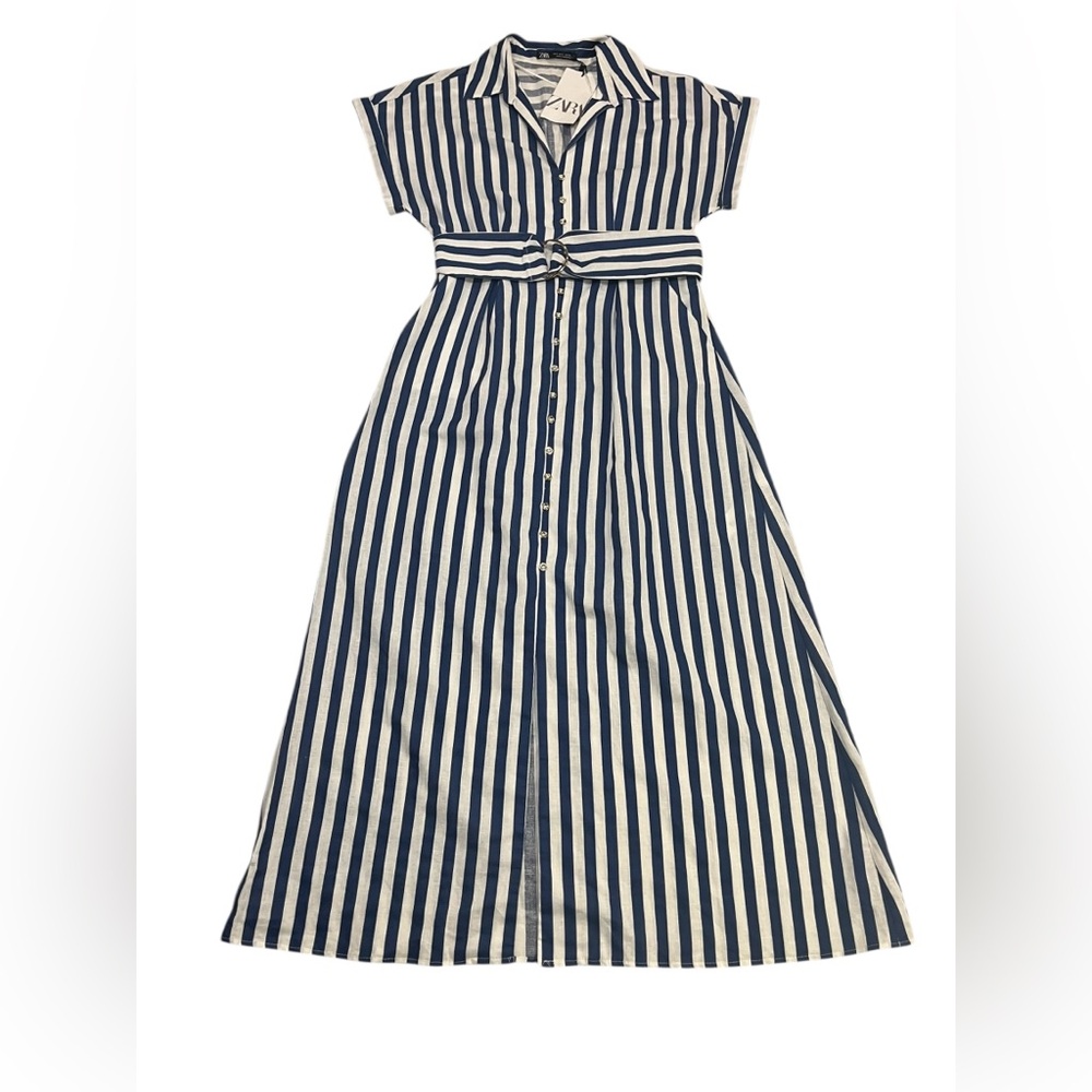 NWT Zara Blue and White Striped Linen Blend Midi Dress Size S